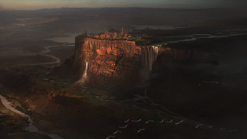 waterfall, Illustration, art, citadel, castle, Morgan Yon, environment, fantasy, 1080P