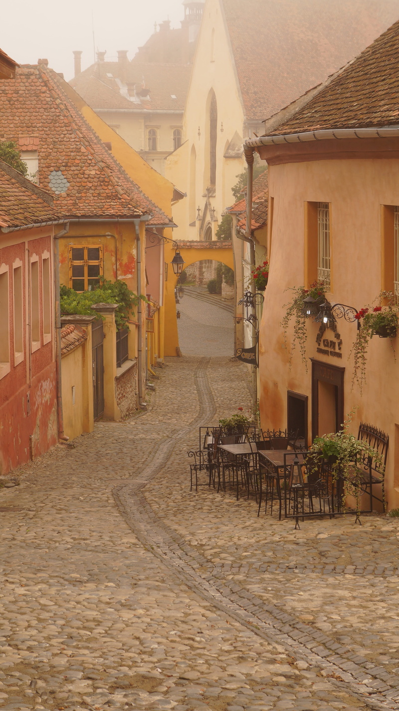 building exterior, sighisoara, romania, street, 5K, history, europe, no people, day, courtyard, built structure, cafe, monument, famous, town, heritage