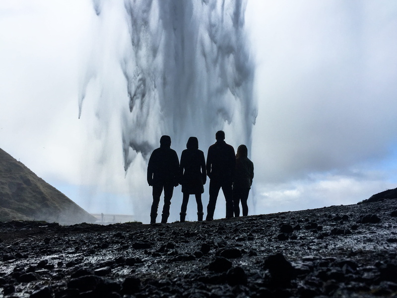 physical geography, day, lifestyles, person, sky, rear view, near, friends, epic, outdoors, 2K, geology, waterfall, scenics - nature, illume, real people