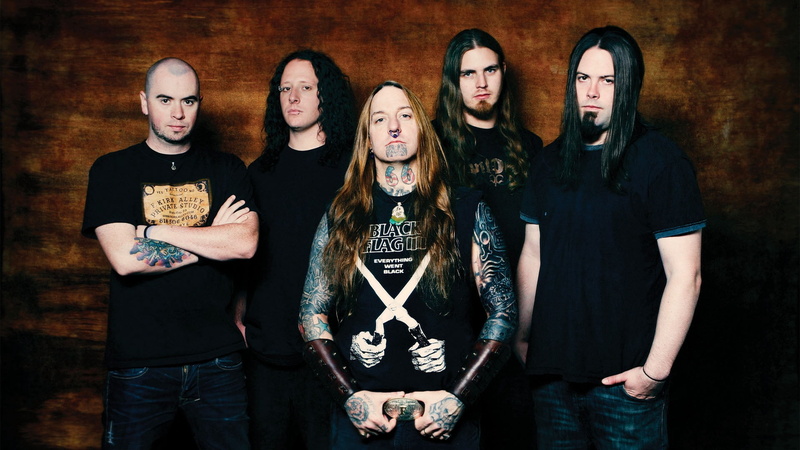 young adult, front view, group of people, boy, devildriver, piercing, waist up, standing, t-shirts, looking at camera, serious, tattoo, young men, women