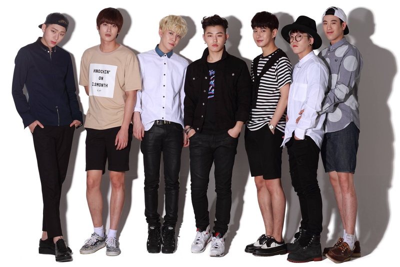 front view, white background, Jaehyo, Blockb, Zico, Park Kyung, casual clothing, Taeil, B-Bomb, young men, K-pop, indoors, full length, musician, togetherness