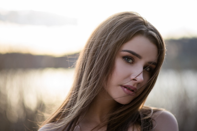 depth of field, long hair, brunette, women, women outdoors, face, portrait, hair in face, pink lipstick, open mouth, 1080P
