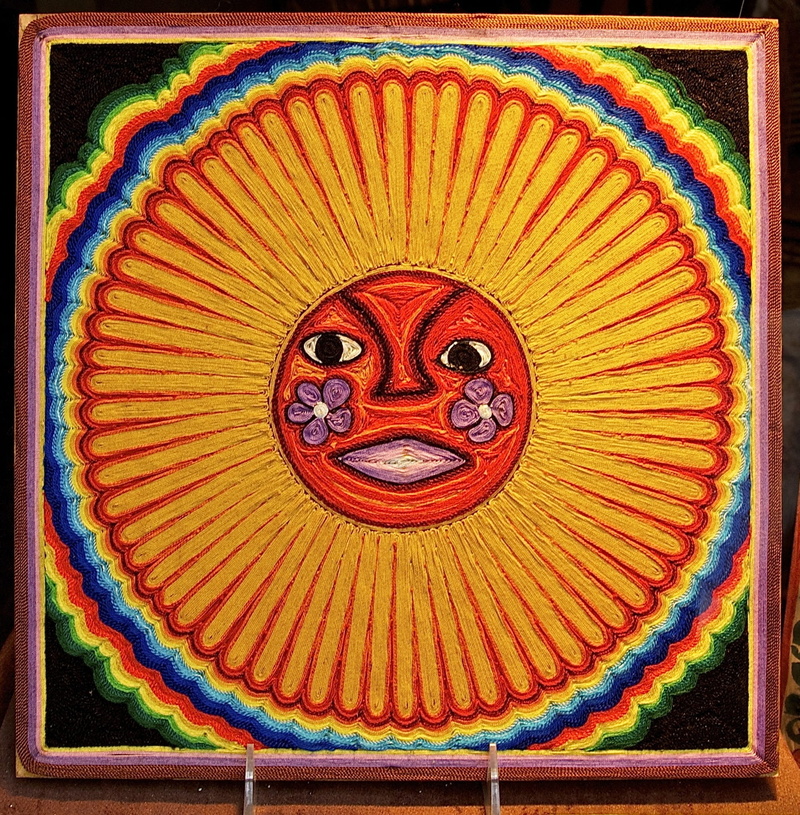 day, full frame, design, Huichol Tribe, decoration, male likeness, colorful, yellow, Painting, mural, black, sunny, cultures, Image, creativity, rays, ornate