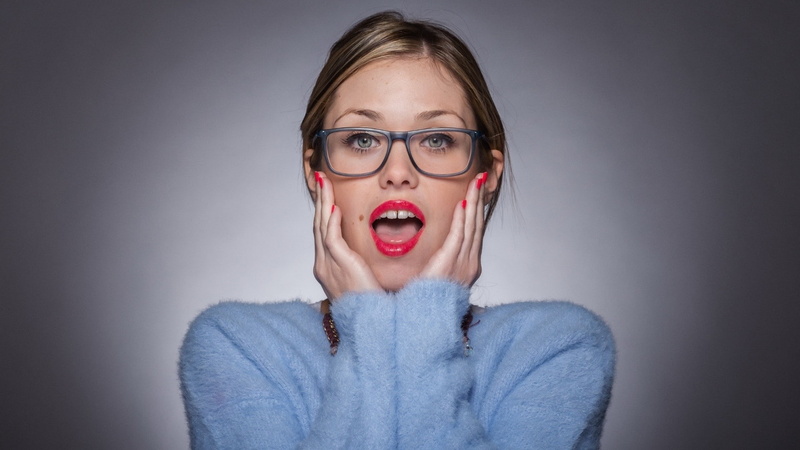 red lipstick, simple background, open mouth, model, face, women, women with glasses, 1080P
