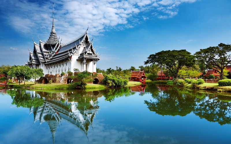 near, 1080P, body, water, building, painted, Beautiful, Pavilion, white, Garden