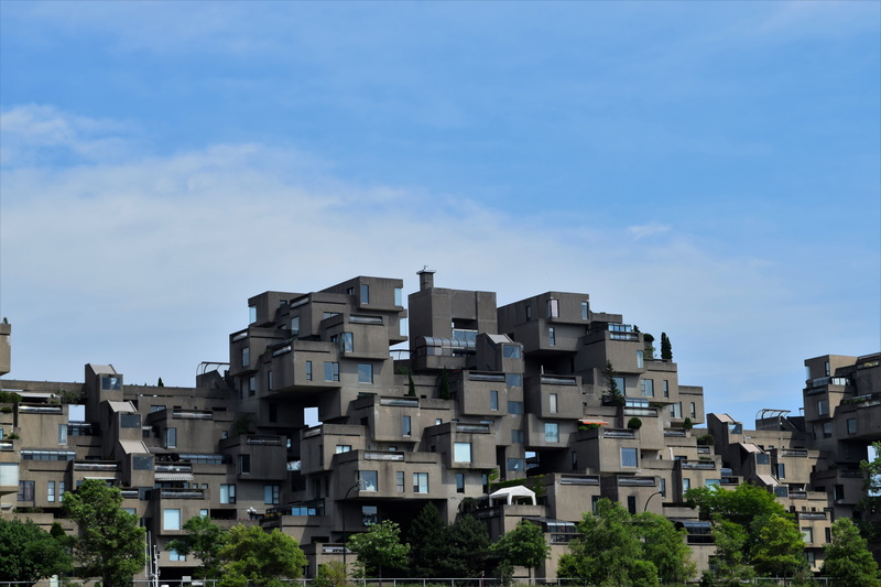 building, gray, sky, concrete, no people, worlds, painted, famous, style, habitat 67, historic, housing, housing development, built structure, 1967, landmark