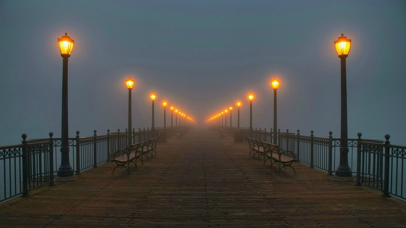 1080P, night, pier, street light, landscape, lights