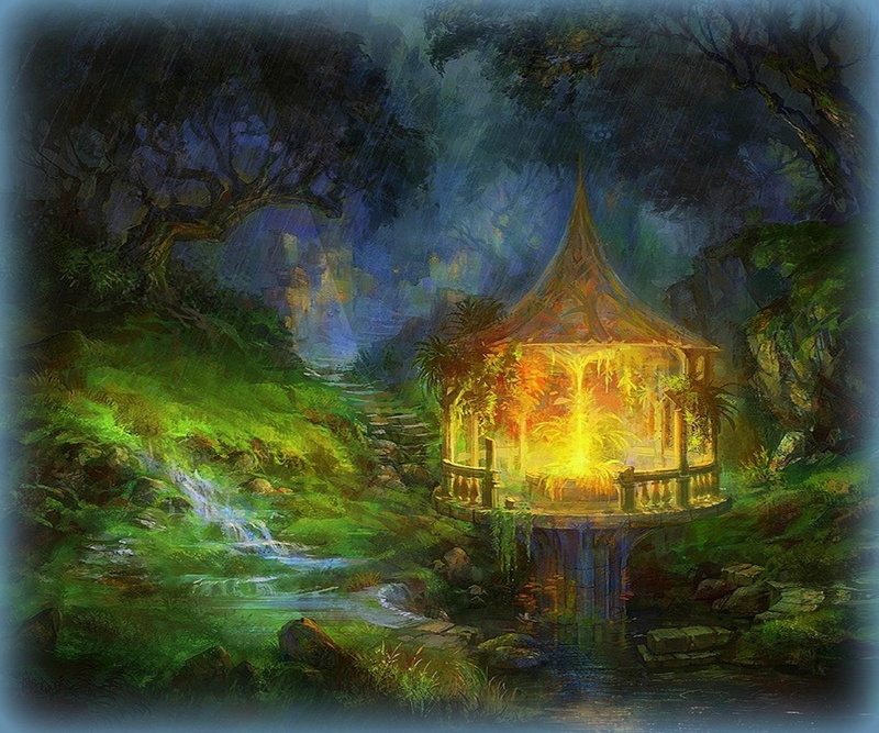 creative-pre--made, landscapes, glow, gazebo, grass, beautiful, little-falls, flowers, pavilion, drawings, rain, 1080P, softness-beauty