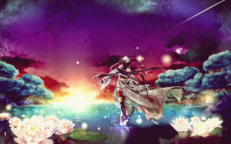 sunset, scenic, forest, lotus, long, 2560a, barefoot, kimono, hair, brunettes, 2K, flowers, keishi, space, anime, girls, stars, flower, tattoos