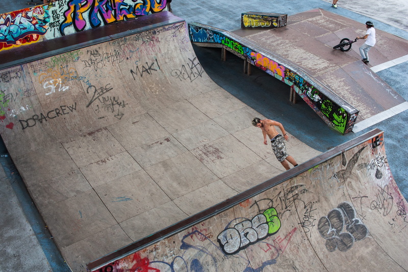 graffiti, day, people, text, art and craft, machine, skater, drone, skateboard, daytime, aerial, high angle view, 4K, banister, built structure, city