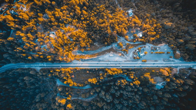 top down, growth, photograph, autumn collection, drone, no people, forest, tranquil scene, change, road, aerial, sunset, photography, car, 4K, orange color