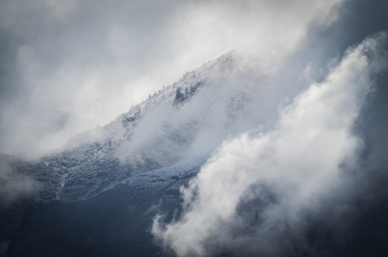 2K, surrounded, cloud, cold temperature, island, winter, non-urban scene, grey, gray, mountains, snow, tranquility, tree, cloud - sky, pine, slope, mountain range