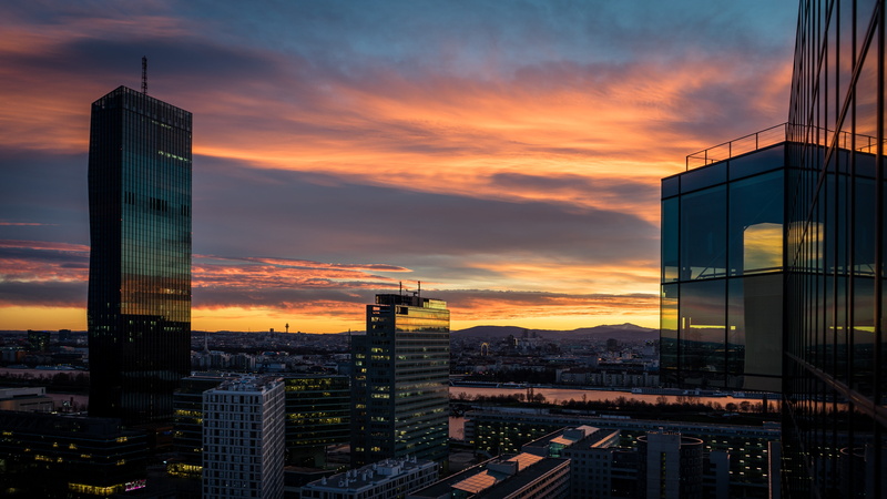 photograph, office, golden, window, orange, building, building exterior, dawn, cityscape, city, sunrise, romantic sky, tower, nature, aerial, office building exterior