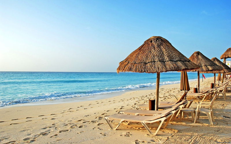 sand, sky, Sea, Ocean, umbrella, cot, mancora, beach, 2K, Peru