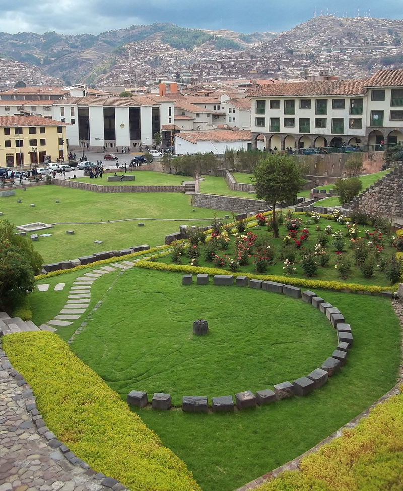 cathedral, building exterior, town, Cusco, building, grass, day, old, high angle view, townscape, no people, residential district, city, outdoors, Peru