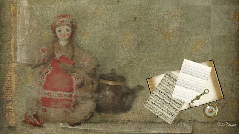 doll, letter, music, attic, book, 3d and abstract, antique, persona, 1080P, female, treasures, tea pot, grey, brown, gold pocket watch
