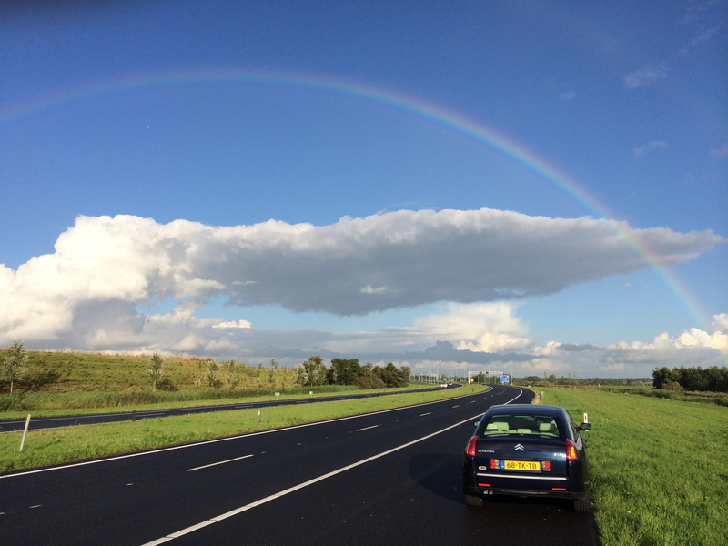 summer, landscape, sky, car, speed, rainbow, nature, outdoors, cloud - Sky, white clouds, pot of gold, 2K, transportation, road, Citroen  C6, close, blue