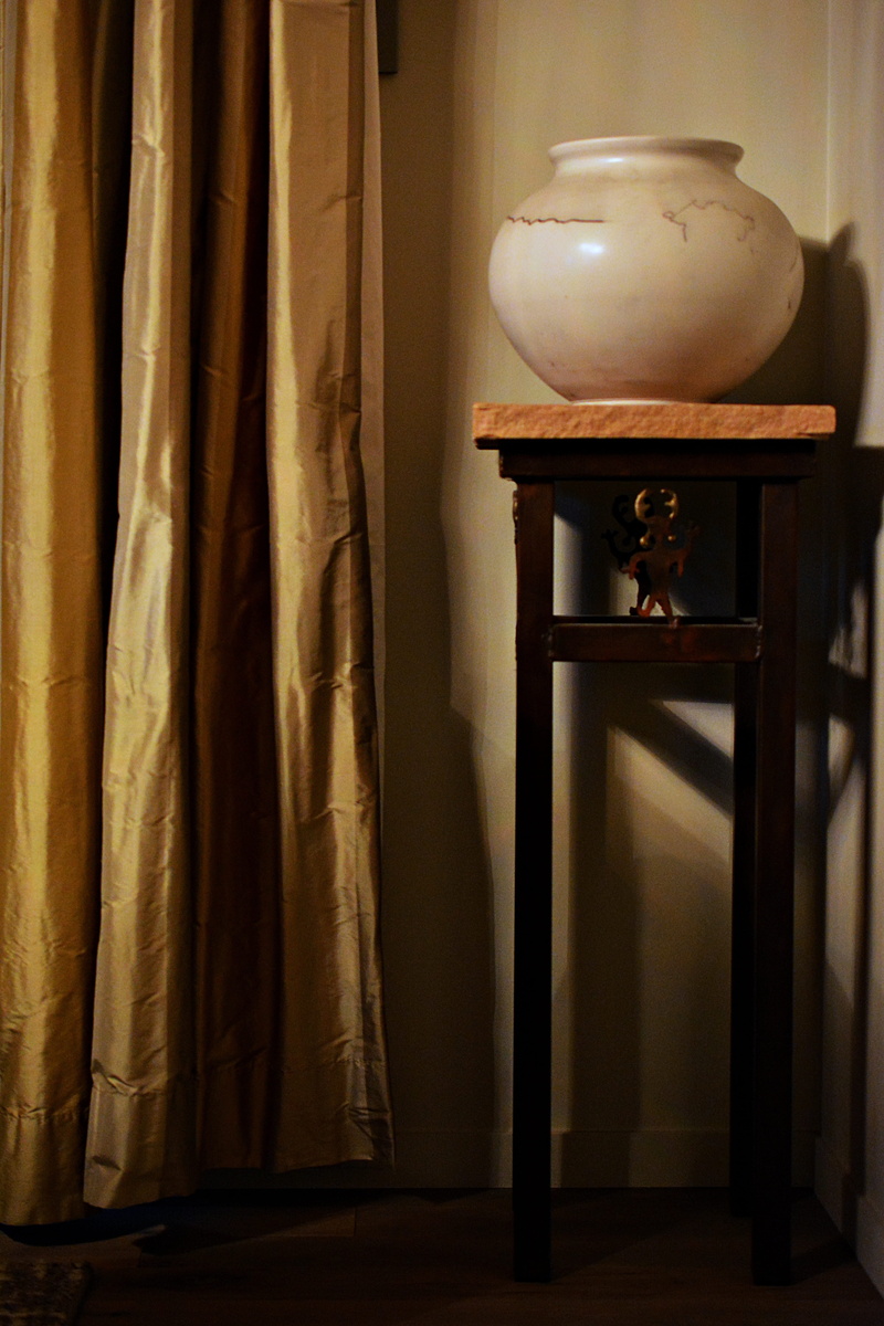 still life, art, electric lamp, yellow, flower, banister, the past, architecture, wall - building feature, pot, table, handrail, home, lighting equipment