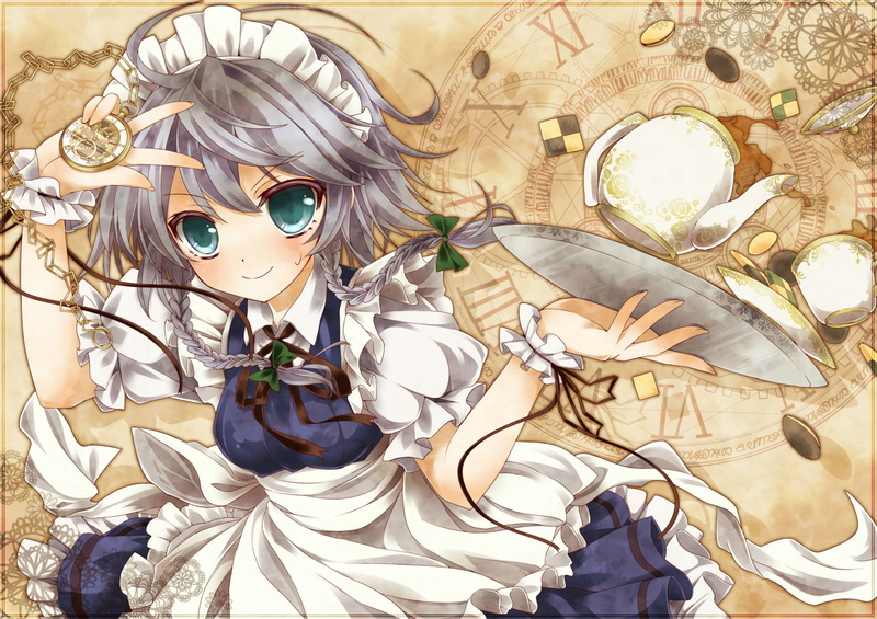 braids, izayoi, gray, short, eyes, aqua, shoken, headdress, food, hair, sakuya, toutenkou, apron, touhou, drink, 1080P, narai, maid