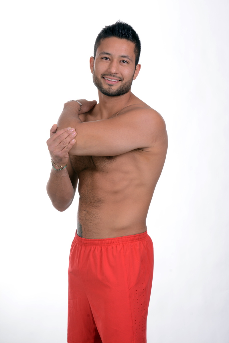 shirtless, body man, smiling, strength, exercise, 5K, man with tattoo, one person, latino, studio shot, front view, white background, standing, tattooed