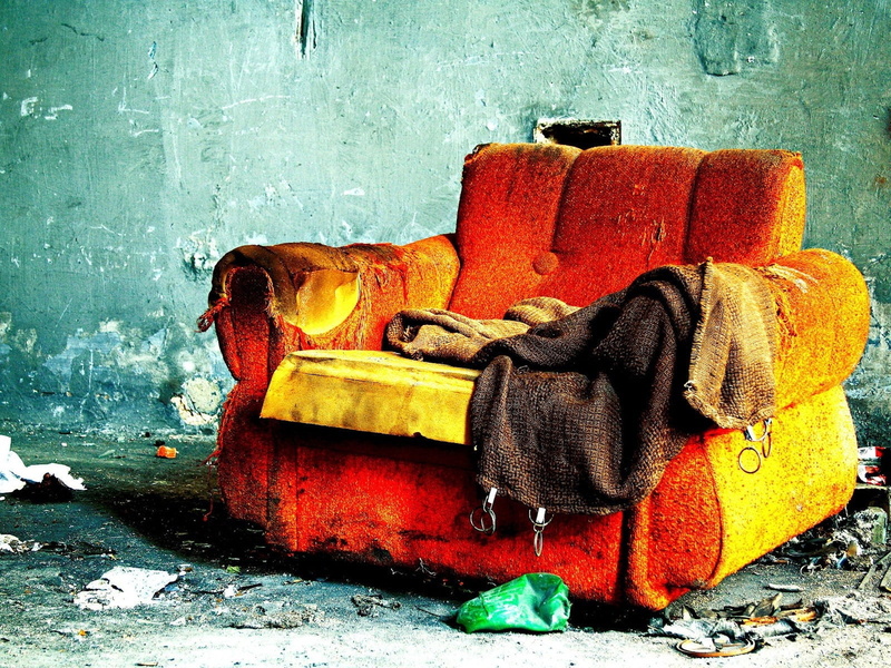 old, furniture, cultures, damaged, sofa, asia, outdoors, wall - building feature, wall, chair, street, footpath, red, obsolete, abandoned, relic, orange