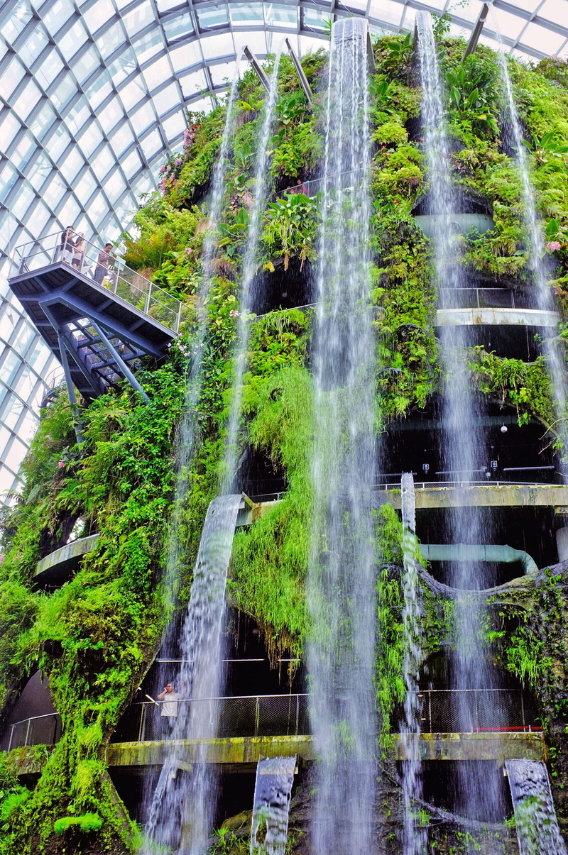 waterfountain, structure, low angle view, beauty in nature, shape, water, dome, 2K, day, greenhouse, singapore, green color, garden, wellknown, plant