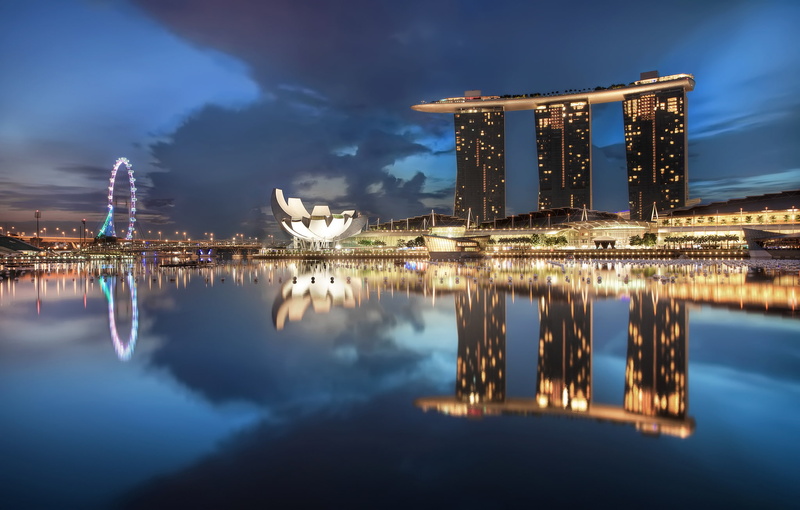 the city-state, lights, Gardens By the Bay, the sky, architecture, sky, blue, Singapore, backlight, night, clouds, skyscrapers, megapolis, 1080P