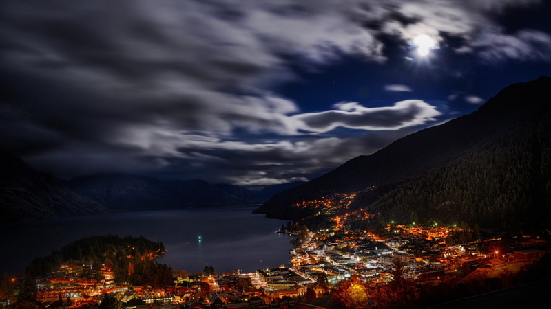 1080P, moonlight, architecture, night, storm, trees, beauty in nature, lightning, hills, sea, cityscape, New Zealand, scenics - nature, ominous, power in nature