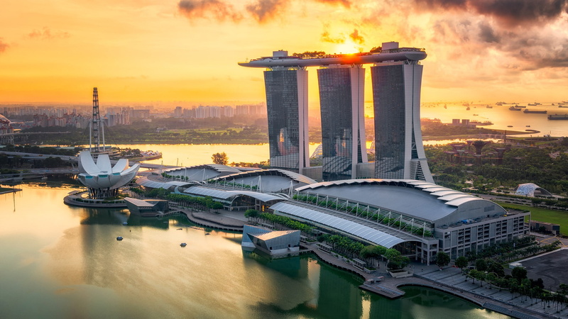 sunset, sky, marina bay sands, dusk, skyscraper, singapore, 1080P, tourist attraction, asia, cityscape, metropolis, marina bay
