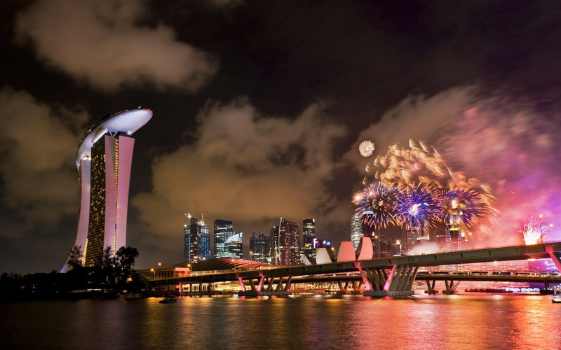 business, skyscrapers, cityscape, bridge, no people, marina, sands, downtown District, modern, built Structure, arts culture and entertainment, night, illuminated