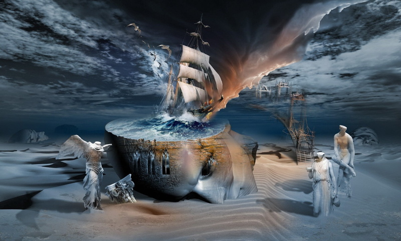fantasy art, sand, statues, fantasy, boat, art, 720P