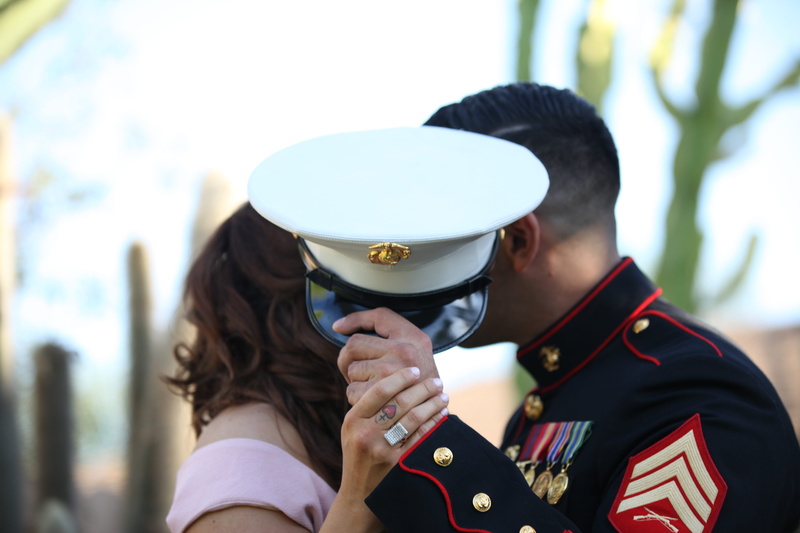 wearing, standing, pink dress, headshot, man, clothing, armed forces, wedding, couple, day, medal, dancing, 5K, government, holding, daytime, military uniform