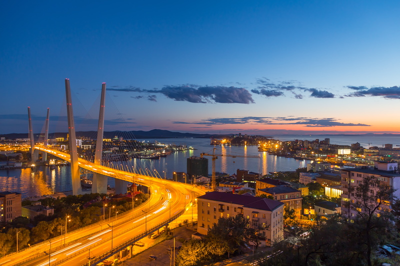 Night, City, 5K, Vladivostok, Russia, Horizon, Zolotoy Bridge, House, Cities, Road, Cloud, Light, Sky
