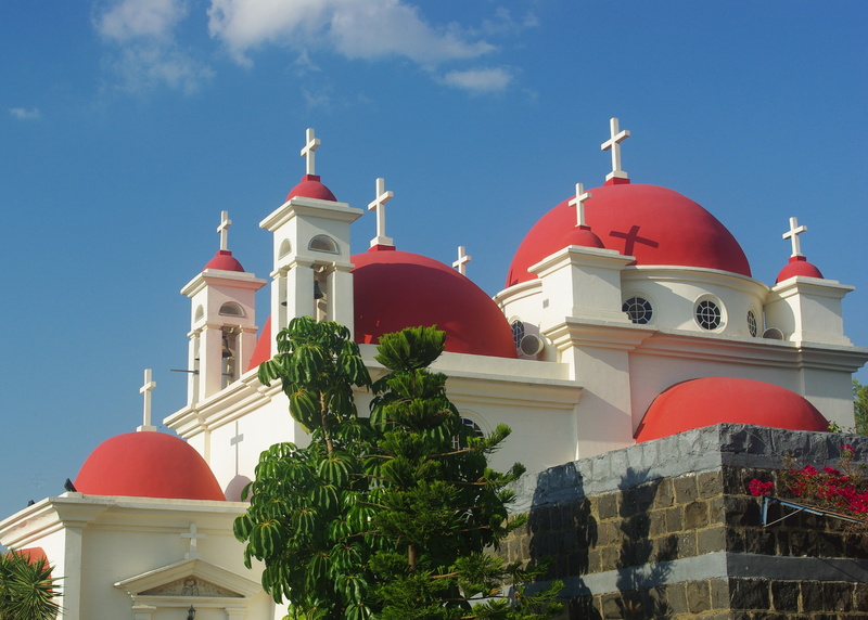 domes, sun, orthodox, greek, shine, church, crosses, seven, reflection, 1080P, golden, pink, capernaum, apostles