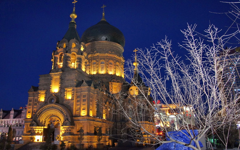 spirituality, night, sky, building, dome, place of worship, religion, sophia, the past, tree, travel destinations, 2K, outdoors, belief, no people, harbin