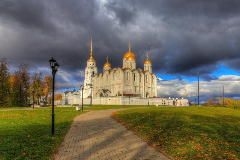 architecture, best, cathedral, white, concrete, Russia, beige, Vladimir, 1080P, clouds