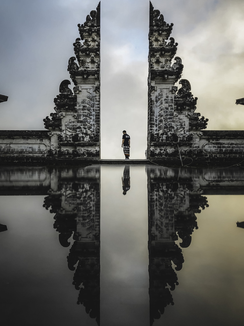 sky, indonesia, reflecting pool, architecture, nature, structure, history, digital composite, symmetry, no people, building, religion, 8K, reflection