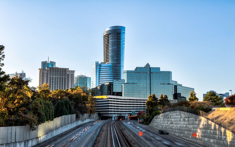 HDR, high, city, Atlanta, USA, 2K, trees, photo, Buckhead, Georgia, sky, rise, buildings, road, Skyscrapers, highway