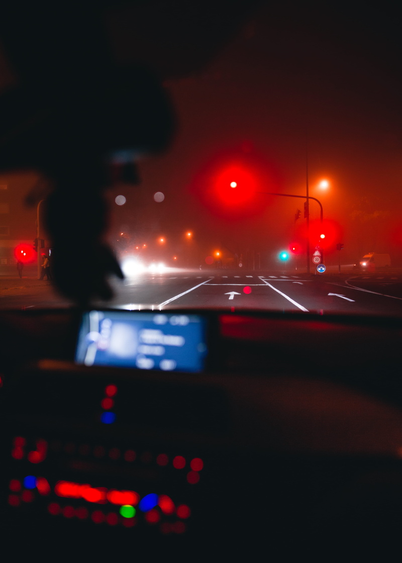 roadtrip, travel, light, illuminated, drive, foggy, traffic, street, city life, motor vehicle, car, land vehicle, red, mode of transportation, lighting equipment