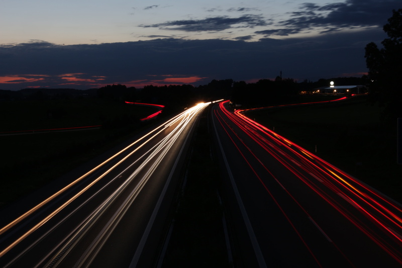 light trail, diminishing perspective, multiple lane highway, night, light - natural phenomenon, outdoors, sky, long exposure, direction, transportation