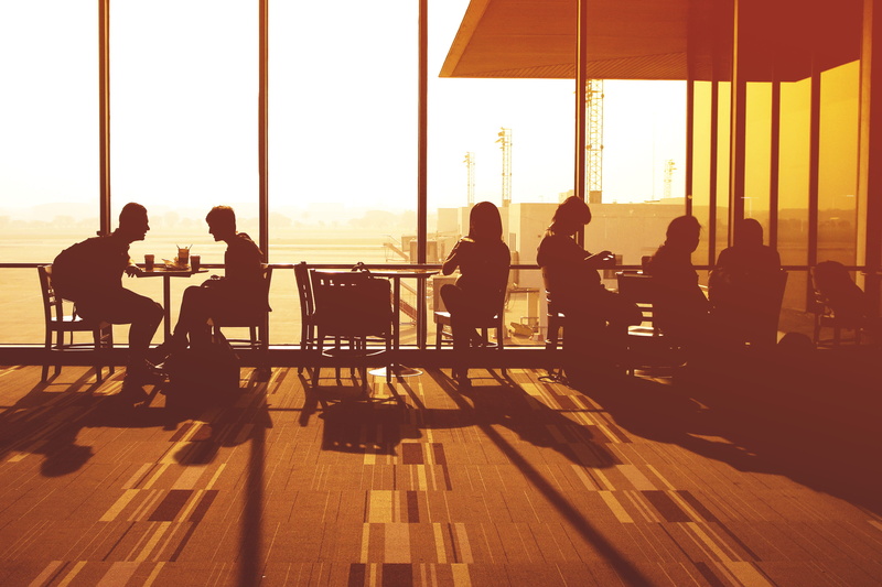 business, medium group of people, sunset, teamwork, outdoors, talking, waiting, men, travel, table, women, People, 2K, window, discussion, group Of People