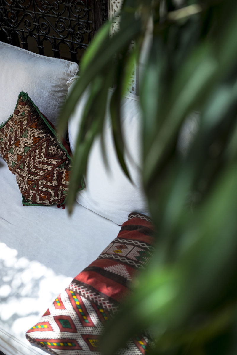 selective focus, indoors, focus on background, couch, green, 5K, white, no people, cotton, morocco, travel, growth, creativity, garden, red, riad, green color