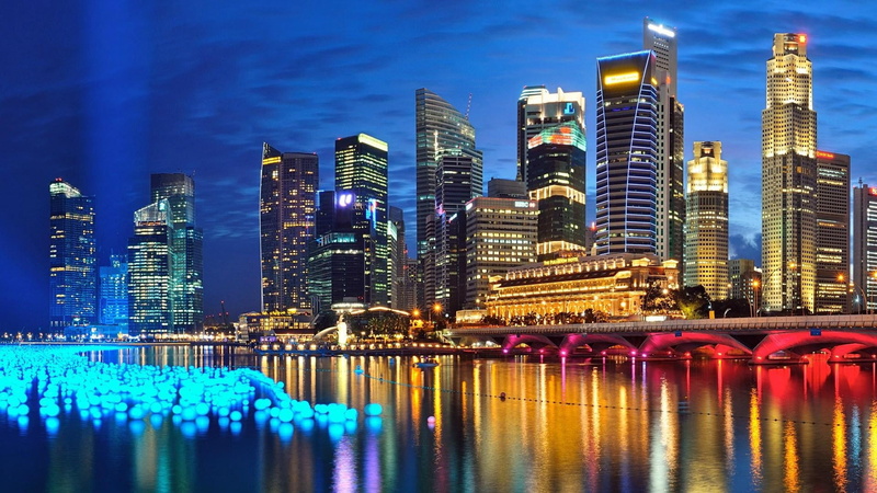 dusk, night, blue, building, marina, outdoors, famous Place, tower, waterfront, financial District, tall - high, skyscraper, singapore, modern, office building exterior
