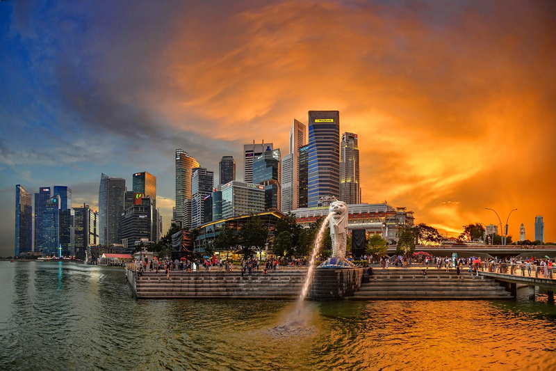 Singapore, people, skyscrapers, the evening, Merlion Park, home, fountain, Bay, promenade, the sky, bridge, river, 1080P, glow