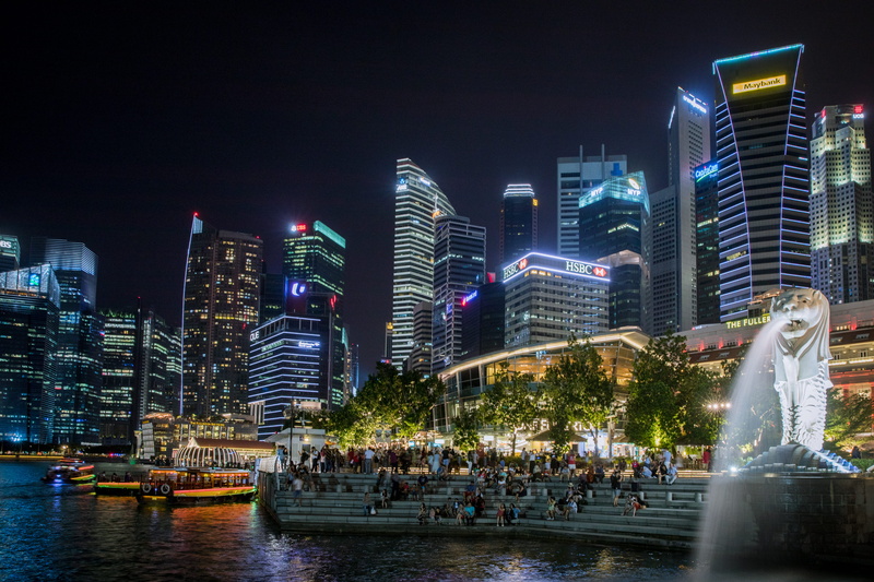 building, skyscraper, singapore, city, tower, merlion, 5K, building exterior, sky, night, modern, illuminated, river, office building exterior, tall - high