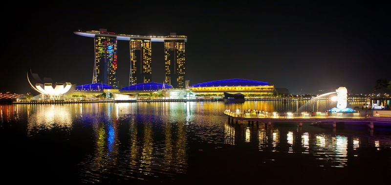 Singapore, no people, sky, building, outdoors, travel destinations, waterfront, sea, Night View, luxury, merlion, water, night, skyscraper, building exterior