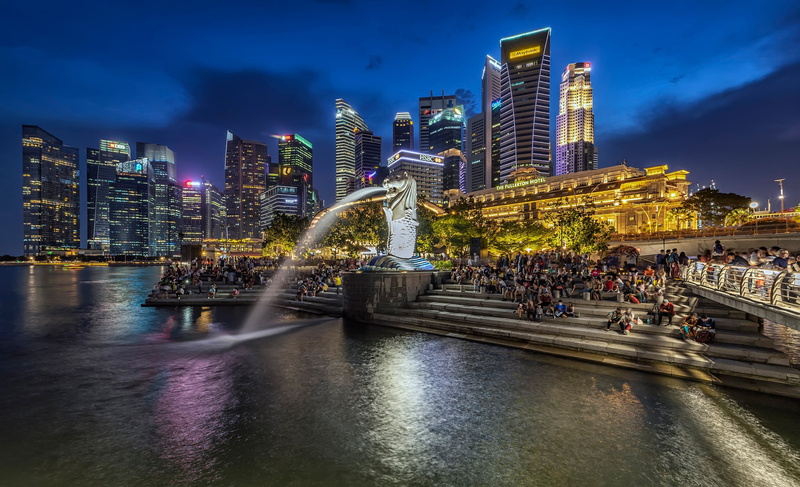 Merlion Park, night, 2K, home, skyscrapers, lights, ladder, building, Singapore, promenade, people, fountain