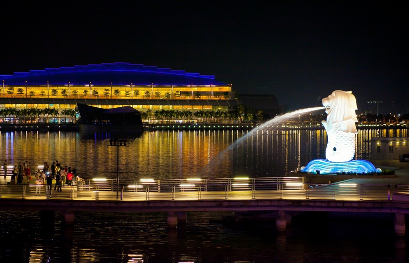 incidental people, night, building exterior, city, nature, motion, night view, merlion, reflection, travel destinations, fountain, illuminated, outdoors