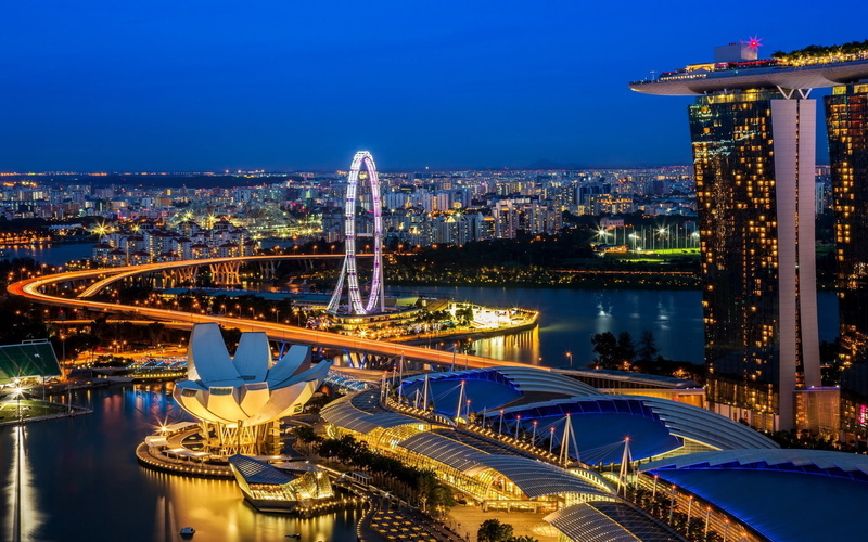 no people, office building exterior, dusk, skyscraper, built structure, building, sky, bridge - man made structure, transportation, night, skyline, building exterior