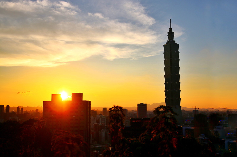 orange color, tall - high, architecture, travel destinations, cloud - sky, nature, modern, office building exterior, landscape, building, taipei 101, city